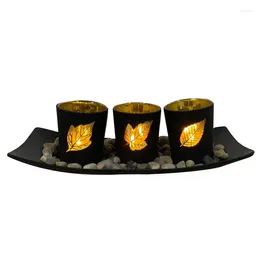 Candle Holders Holder Set With Rocks And Wooden Tray Home Decoration 3 LED Flickering Flameless Wax Candles Ornaments