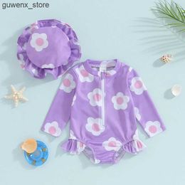 Jednoczęściowe 3M-24M Toddler Girls Girls Swimsuit z kapeluszem kwiatowy nadruk Długie rękawy za okrągła szyja przednie zamek błyskawiczny Kącik Kąpiec Y240412 Y240412Y240417TIJM