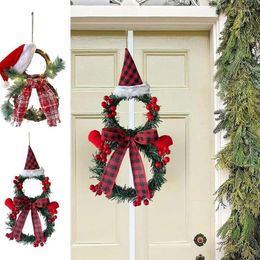 Decorative Flowers Christmas Snowman Wreath Red Fruit And Pine Needle Round Hanging LED String Lights Xmas Door For Home Decor