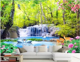 Wallpapers 3d Room Wallpaper Custom Po Forest Waterfall Swan Elk Landscape Decoration Painting Wall Mural For Walls