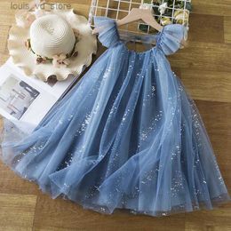 Girl's Dresses Girls Blue Sequin Summer Dress Kids Evening Party Mesh Princess Costume Toddler Girl Holiday Casual Clothes for 3 4 5 6 7 8 Year T240415