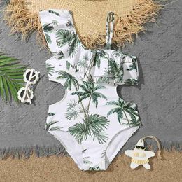 Jednoczęściowe kokosowe druk palmowy dziewczęta nastolatki One Piece Swimsuit Summer Kids Szybkość kąpielowa Dzieciowe odzież plażowa 7-12 lat Suit Monokini Y240412