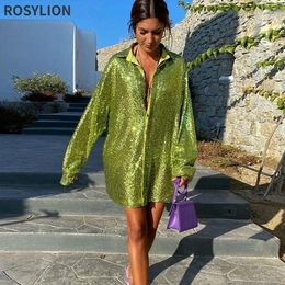 Women's Blouses Women Streetwear Sparkling Shiny Green Silver Long Sleeve Loose Large Size Mid-length Ladies Button Up Top Sequined Shirt