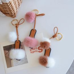 Rings Summer Slipper Shaped Shoe Keychain with Genuine Mink Fur Trim Fashion Lover's Bag Purse Charm