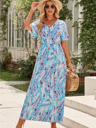 Casual Dresses Summer Print Short Sleeve Dress Women 2024 Fashion V-neck Versatile Design Color High Waist