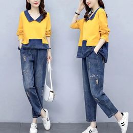 Plus Size Women Suit Fashion Stitching Cotton Denim 2piece Casual Basic Ladies Retro Spring Autumn Twopiece 4XL 240415