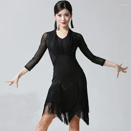 Gym Clothing Women Sexy Mid Long Sleeve Printing Latin Dance Training Tassel Ballroom Dress Tango Modern Rumba Performance Dancewear