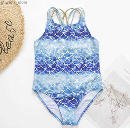 Jednoczęściowe fishscale deco gradient dziewczęta dziewczyny jeden kawałek stroje kąpielowe kąpielowe 2024 Summer dzieci dzieci bodysuit plażowe dziecko monokini y240412