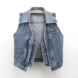 Women's Vests Spring Summer Korean Vintage Blue Denim Vest Women Cardigan Waistcoat Cowboy Sleeveless Jacket Coat Slim Short Jeans Female