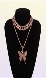 Cuban Chain Big 3d Butterfly fashion designer luxury diamonds statement pendant choker necklace for woman girls hip hop jewelry3393664