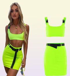 Two Piece Dress Neon Women 2 Sets Square Collar Low Cut Buckle Backless Crop Tops Waist Belt Chic Skirt Autumn Street Pcs Outfits9172615