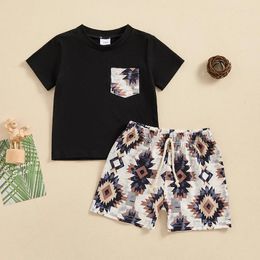 Clothing Sets Baby Boy Summer Outfit Crew Neck Short Sleeve Black T-shirts Geometric Pattern Elastic Waist Shorts Tracksuit 2Pcs Clothes Set