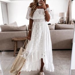 Vestidos White Crochet Lace Dresses for Women Summer Boho Beach Vacation Maxi Sexy Off Shoulder Party Casual Dress 240415