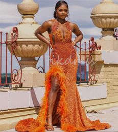 Sparkly Sequin Orange Prom Dresses With Slit 2024 Plus Size Aso Ebi Mermaid Evening Dress Elegant Black Women Feather Formal Dress Diamond Crystal Ceremony Party