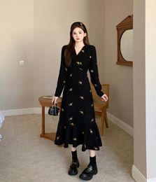 Casual Dresses Elegant Corduroy Long For Women Large Size 4XL Autumn Winter Loose Female Black Floral Embroidery Christmas Vestido Robe