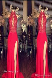 2019 Vintage Lace Appliques Sexy Red Prom Dress High Neck Side Split Pageant Party Gown Custom Made Plus Size4147018