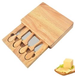 Rectangle shape rubber wood box Tools with Cheese Set Cutting Board made of and stainless steel9677300