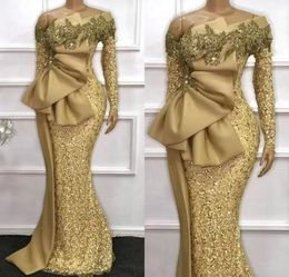 Gold African Mermaid Evening Dresses Glittering Sequined Long Sleeves Big Bow Satin Peplum Prom Party Gowns Plus Size Arabic Aso E5971607