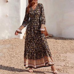 Casual Dresses Floral Print Vintage Women V Neck Beach Bohemian Maxi High Waist Robe Ladies Long Sleeve Boho Dress Vestidos