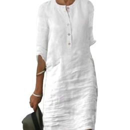 Spring Summer Button Up Dresses Womens Casual Cotton Linen Long White Dress Temperament Half Sleeve Pullovers Sundress 240415