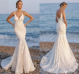 Lace Trumpet Mermaid Wedding Dresses For Bride Summer Beach Spaghetti Straps Bridal Gowns Sexy Low Back Fishtail Plus Size Boho Reception Party Dress Robes YD