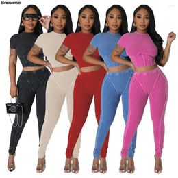 Women's Two Piece Pants Outfits For Women Ribbed Crew Neck T-shirt High Waist Leggings Active Wear Yoga Workout Sports Set Casual Tracksuit