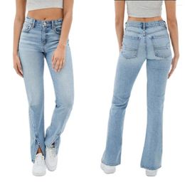 Women's Jeans 2024 Autumn Light Blue Slit For Women Fashion High Stretch Slim Denim Straight Leg Pants Casual Female Clothing S-2XL