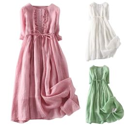 Summer Women Dresses Sweet O Neck Solid Holiday Beach Dress Elegant Ruffles Sundress Robe Femme Short Sleeve Lace Up Midi 240419