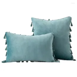 Pillow Inyahome Water Blue Velvet Soft Solid Decorative Throw Cover With Tassels Fringe Boho Case For Couch Sofa Bed