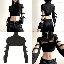 Women's T Shirts B36D Tooling Crop Top Open Front Shrugs Women Sweet Cool Cover Up Blouses Tops With Zipper Long Sleeve Cropped Shirt