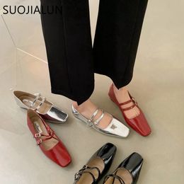 SUOJIALUN Spring Women Flat Shoes Fashion Square Toe Shallow Ladies Mary Jane Ballerinas Flat Heel Casual Ballet Shoes 240329