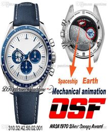 OSF Moonwatch Silver Snoop Award Manual Winding Chronograp Mens Watch 50th Anniversary White Dial Blue Nylon Fabric Strap Puretime6820143