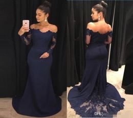 Navy Blue Evening Dresses Mermaid Lace Long Sleeves Prom Gowns Off The Shoulder Sweep Train Bridesmaid Dress Formal Party Gowns3099825