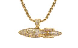 New Men039s Cool Golden Rocket Iced Out Pendant Necklace Fashion Hip hop Rock Jewellery With Rope chain For Gift5147697