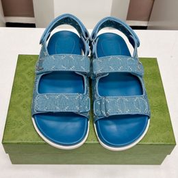 Sandals Blue Denim Women Slides Slipper Summer Beach Sandal Letter Print Blue Canvas Leather Flat Sandal Two Straps With Adjusted Flat Mule Top Quality Summer Shoe