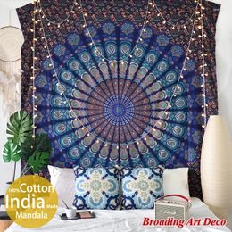Tapestries Cotton Screen Print Mandala 210x230CM "Deepblue" Tapestry Wall Hanging Handmade In India Boho Yoga Mat Bedsheet