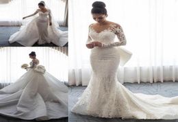 Custom Made Vintage Lace Mermaid Wedding Dresses with Detachable Train Jewel Full Sleeve Lace Appliques Bridal Gown with bow vesti3791577