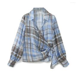 Women's Blouses 2024ZAR Spring/Summer Product Casual Versatile Loose Lace Up Metal Wire Checkered Printed Shirt