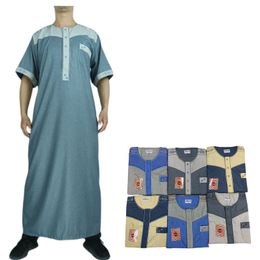 Men's Cotton Linen Patchwork Colour Block Embroidery Short Sleeve Middle East Arab Robe