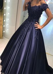 Elegant Evening Gowns Lace Appliques Off Shoulder Prom Dress Navy Blue Ball Gowns Formal Party Dress vestido festa curto1971725