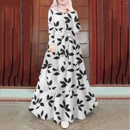 Casual Dresses Dubai Turkey A-Line Loose Muslim Dress Abayas For Women Full Sleeve Leaf Printed Baggy Robe Female Kaftan Islamic Clothes