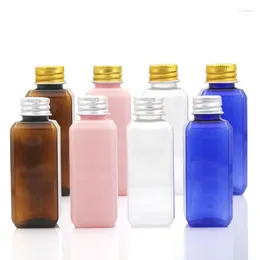 Storage Bottles Square Plastic Bottle Pink Brown Cosmetic Container 50ML 50pcs Refillable Toner Water Packaging With Aluminium Lid