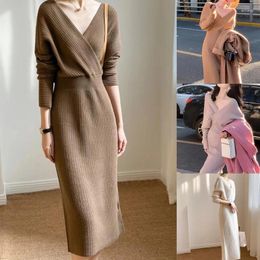 Casual Dresses Women's V Neck Long Batwing Sleeve Wrap Knit Maxi Sweater Dress Elegant Backless Pullover Bodycon Fall Streetwear Dropship