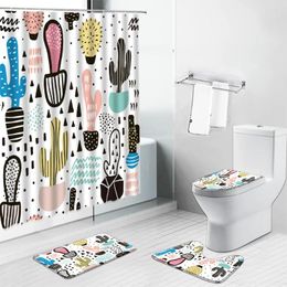 Shower Curtains Hand-painted Cactus Curtain Sets Tropical Green Floral Flower Plant Bathroom Screen Anti Slip Bath Mat Toilet Cover Rug