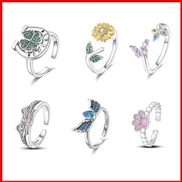 Cluster Rings 925 Sterling Silver Original Sunflower Animal Butterfly Clover Open Ring For Women Engagement Wedding Party Jewellery