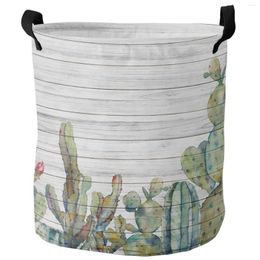 Laundry Bags Cactus Tropical Plant Wood Board Texture Dirty Basket Foldable Home Organiser Clothing Kids Toy Storage