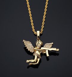 Top Quality Jewellery Zircon GoldSilver Cute Angel Baby With Gun Pendant Necklace Stainless Rope Chain for Men Women4957841