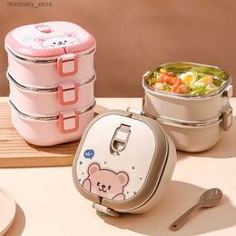 Bento Boxes WORTHBUY 304 Stainless Steel Insulated Lunch Box With Spoon Stacked Bento Box Portable Cute Food Box Leak Proof Food Container L49
