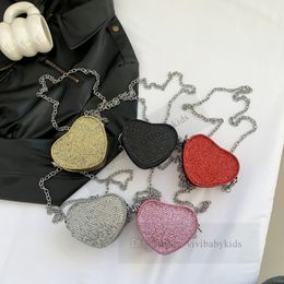 Shiny Children rhinestone love heart handbags girls metals chain single shoulder bag kids princess crossbody bags Z7692