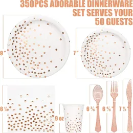 Disposable Dinnerware White & Rose Gold Party Supplies 350PCS Set With Plates Napkins Cups Forks Knives Spoons For Girl Women